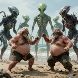 photo, friends, man two old hairy fat ugly men! fighting alien monsters 3 5 5 4 7 on a beach, highly detailed, scary, intricate details, volumetric lighting, front view