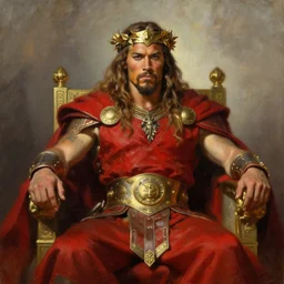 beautiful portrait oil painting, jason momoa conan the barbarian wearing a golden wreath crown in royal crimson spartan armor enthroned as the god emperor of ancient rome, mid - shot, frank frazetta, wonderful masterpiece by greg rutkowski, beautiful cinematic light, american romanticism, by thomas lawrence, greg rutkowski