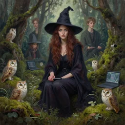 portrait beautiful witch forest moss plants, owls and computers, 4 k oil on linen by wlop, artgerm, andrei riabovitchev, nuri iyem, james gurney, james jean, greg rutkowski, highly detailed, soft lighting 8 k resolution oil on canvas, concept art, cgsociety, octane render, trending on artstation, artstationhd, art