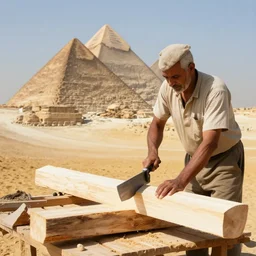 a man cutting wood in front of egypt pyramids