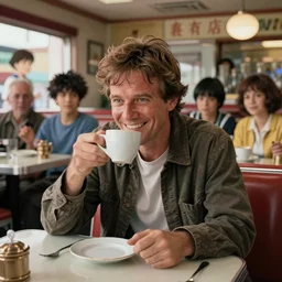 agent dale cooper from twin peaks smiling and enjoying coffee, by lucian freud and drew struzan, hayao miyazaki, makoto shinkai, takashi takeuchi, by anne stokes and larry elmore, 5 0 s aesthetic, diner, detailed