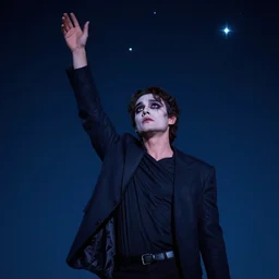 kipo ( kipo and the age of wonderbeasts ) standing under the stars with an arm raised to the night sky, in professional makeup, dramatic lighting, by radford sechrist, 4 k, trending on artstation