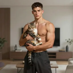 full body portrait of a single beautiful young fit man, modern haircut, open shirt, large pants, holding a detailed photorealistic cat in his arms. by greg rutkowski and alphonse mucha, d & d character, in front of a modern room background, highly detailed portrait, digital painting, artstation, concept art, smooth, sharp focus ilustration, artstation hq