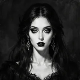 digital art painting portrait of elegant gothic lady with earrings, black and white, hard edges, high quality, textured, by caestrad, cell shading, dark background, mystic, goddess, perfect lighting, high contrast, arstation, artgerm, wlop, 8 k, lightrays