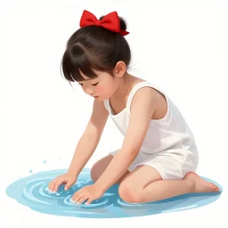 concept art, 7 years old rina playing with the water, wearing white cloths, and a red bow in her hair, sitting by the side of a creek, 8 k, ink painting in the style of comics, detailed, tele photo lens, rule of thirds