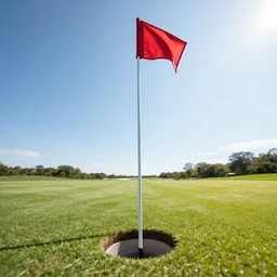 low angle view from the bottom of a golf hole a golf flag waves in the wind, sunny day, photograph, 8K, 4K