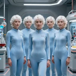 sixtuplets, white hair, tight light blue neopren space uniforms, futuristic chemistry lab, sci - fi, highly detailed, cinematic
