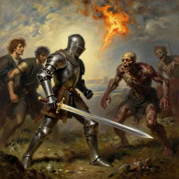 landscape, realistic painting image about a templar knight has a mechanical arm, carrying a fire sword, versus a zombie mutant. dramatic scene, realism, created by gustave courbet and michaelangelo, trending in artstation, fine art, smooth draw with oil painting.