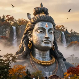 a stunning ultra detailed fantasy closeup photo of lord shiva's head carved into a mountain, surrounded by fall trees, waterfalls and birds, golden hour hues, fog, by tomasz alen kopera and tom bagshaw, very detailed, deep depth of field, 5 0 mm lens, artstation, highly coherent, 8 k