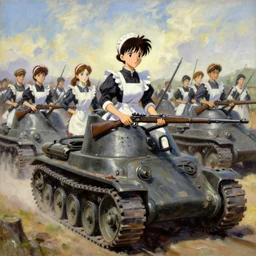 classical oil painting of anime key visual environment concept art of the 1 9 1 8 great war, anime maids riding early tanks, matriarchy, old bolt action rifles, trending on artstation, brush strokes, oil, canvas, style of kawacy makoto shinkai jamie wyeth james gilleard edward hopper greg rutkowski, preserved historical