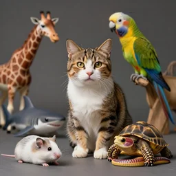 cat dog mouse horse giraffe turtle parrot lizard shark butterfly snake hamster, highly detailed, extremely high quality, hd, 4 k, 8 k, professional photographer, 4 0 mp, lifelike, top - rated, award winning, cinematic, realistic, detailed lighting, detailed shadows, sharp, no blur, edited, corrected, trending