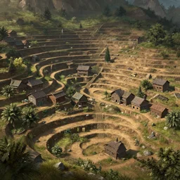 a quiet village built into a series of dirt terraces, dungeons and dragons, digital art, 4 k ultra hd
