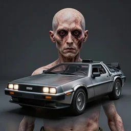a delorean with human skin, hyperrealism, 8 k, scary