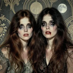 two handsome but sinister women in layers of fear, with haunted eyes and wild hair, 1 9 7 0 s, seventies, wallpaper, a little blood, moonlight showing injuries, delicate embellishments, painterly, offset printing technique, by coby whitmore, jules bastien - lepage