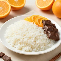 a plate with rice, oranges and chocolate, photo realistic, commercial photo, HDR