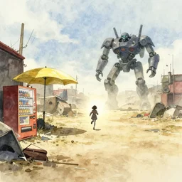incredible wide screenshot, ultrawide, simple watercolor, rough paper texture, ghost in the shell movie scene, backlit distant shot of girl in a parka running from a giant robot invasion side view, yellow parasol in deserted dusty junk town, broken vending machines