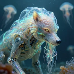 partially complete wolf bust + organic bio life forming with a cybernetic brain and mechanical parts, translucent biological form, self luminous neon cables, draped with silicon tissue, mechanical parts, silicone and bones, wires + caustics + filmic, realistic, wet, prismatic, jellyfish + depth of field + ghost in the sheel, future, cyberanimal, cybernetic, biotechnology, cyborg + closeup, wide angle, macro shot, microscopic, toned colors # underwater portrait