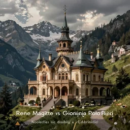 an enchanting resplendent mansion hidden in the alpine valley time forgot by Rene Magritte and Giovanni Paolo Panini.