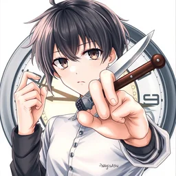 an anime character holding a knife in front of a clock, a detailed drawing by nagasawa rosetsu, featured on pixiv, vanitas, official art, global illumination, ultra detailed