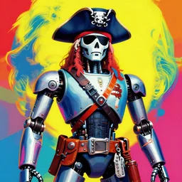 extreme wide shot of a robot pirate, wearing an eye patch, Bionic Arms. pop surrealism, pop art. digital art. by Andy Warhol, wide shot