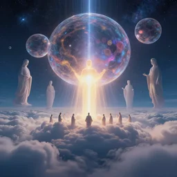 Cosmic inflation bubbles peaking through the clouds, above the layer of clouds is a council of ascended masters, rays of consciousness, concept art, matte painting, 8k, highly detailed, artstation, light being, high quality,