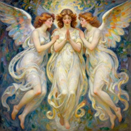 illustration studio portrait of three beautiful seraphim females energy in an artistic pose resting in nature, monet painterly motives and textures pattern, hyper detailed, octane render, vivid colors, artstation, by jeremy mann, by alphonse mucha, by monet