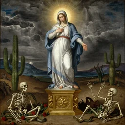 michael angelo painting of glowing virgin mary dressed rococo standing over a roman gold-made pedestal in a barren land with cactus. stormy weather. apocalypsis. skleletons roses and serpents on the floor