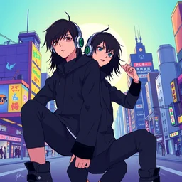 twin japanese anime boys, short boys, long black hair, headphones, black clothes, rollerblades, cel - shading, 2 0 0 1 anime, flcl, jet set radio future, futuristic city, japanese city, colorful buildings, cel - shaded, strong shadows, vivid hues, y 2 k aesthetic, art by artgerm