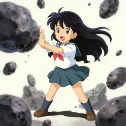 anime style, vivid, expressive, full body, 4 k, painting, a cute magical girl with a long wavy black hair wearing a school uniform, defending from asteroid, stunning, realistic light and shadow effects, centered, simple background, studio ghibly makoto shinkai yuji yamaguchi