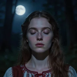 beautiful woman with her eyes closed, close - up face, walking in the forest at night. full moon. folk horror. hyper detailed. rosetti