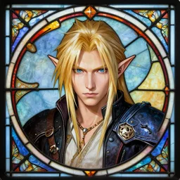 head-on symmetrical centered painted portrait, Sephiroth as elf ranger, blonde hair, leather armour, art nouveau, tarot card style, stained glass, fantasy, intricate, elegant, highly detailed, smooth, sharp focus, illustration, artstation, in the style of Artgerm and Anna Podedworna and Alex Ross and Mucha