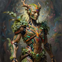 hyper - detailed fine painting of a synthetic humanoid mystic cyborg hybrid half cybernetic and half made of plants and wood, concept art magical highlight, ful color tribal and technologic art