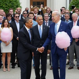 Barack Obama holding hands with Joe Biden, cotton candy, Alena Aenami, Petros Afshar, Noah Bradley, Anton Fadeev, Anato Finnstark, Steve Henderson, Filip Hodas, Mark Keathley, Thomas Kinkade, Phil Koch, Gilbert Williams, Mike Winkelmann, Beeple