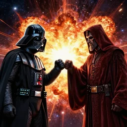 Darth Vader and Palpatine fistbumping into an galaxy explosion digital art