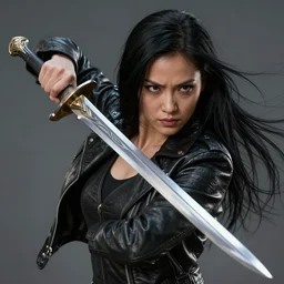 black haired woman in a leather jacket, a sword fight, action pose, movie scene, highly detailed, intricate, face enhance, long sharp intricate sword, trending on artstation, action pose