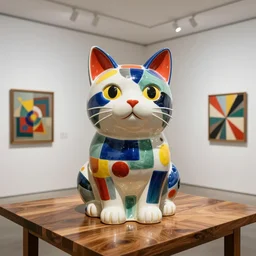 beautiful gallery show studio photograph of a giant realistic ceramic sculpture of a round cat!!!!!, glazed by bridget riley and victor vasarely, placed on a polished wooden table, colorful hyperrealism 8 k trending on artstation