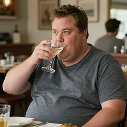 obese comedian tim dillon in malibu drinking a martini in real life, 8 k, 4 k uhd, realistic, hyper realistic, super detailed, very detailed, detailed