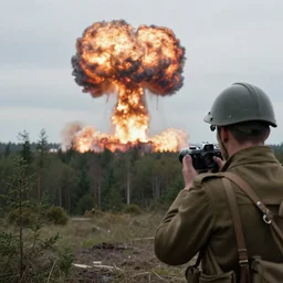 an image of a nuclear explosion in the distance, in a forest, a german world war 2 soldier is standing next to the camera, the nuclear explosion is in focus, taken on a ww 2 camera, realistic.
