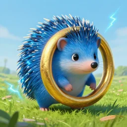 ( ( ( ( a cute blue hedgehog with big gold ring and blue lightning in green grassland. ) ) ) ), big gold ring!, blue fur, clear sky, extremely detailed, fantasy painting, by jean - baptiste monge!!!!