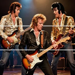 full color wide angle three shot of roy buchanan playing his telecaster with buddy holly and elvis presley, cinematic