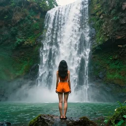 a woman stands in front of a waterfall, green and orange color scheme, morning, artstation,