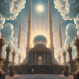 a futuristic heavenly temples with a giant sphere and bright sun rays symmetric 8 k highly detailed hyperornate oil painting by marc simonetti and caspar david friedrich, trending on artstation