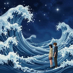 big ocean wawes, starry night, trending on artstation, pixiv, hyperdetailed Unreal Engine 4k 8k ultra HD, Stanley Artgerm Lau, WLOP, Rossdraws, James Jean Marc Simonetti Ruan Jia and Mandy Jurgens and Artgerm and William-Adolphe Bouguerea Sakimichan, yuru camp, illustration, digital art, concept art