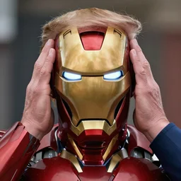 Donald Trump puts his two hands on iron mans face, compressing his head hyper realism, high detail, octane render, 8k, depth of field