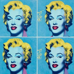 a beautiful, symmetric pattern by andy warhol and james jean, blue color scheme, cyan colors, gold highlights, ultra high details, triade color scheme, # 2 2 3 3 e 6