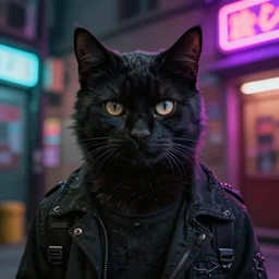 portrait photo of an anthropomorphic male black tabaxi cat furry fursona, handsome eyes, wearing black grungy clothing, neon back alley background at night, 4 k realistic official key anime visual still