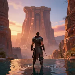 full length portrait of a male warrior exploring a tall mysterious structure, rendered in bryce 3 d, ray - tracing, water ripples, sunset, vibrant color, mysterious atmosphere, depth of field, cinematic lighting, focused, rule of thirds, trending on artstation