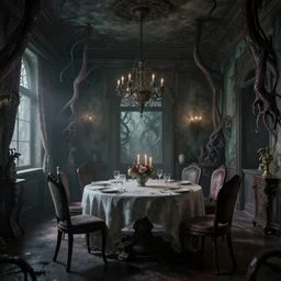 a serene and tranquil dining room, haunted house, masterpiece, unease, grasping pseudopods, rhads!!!, magical realism, urban fantasy, ( h. r. giger )
