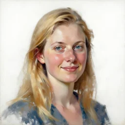 portrait painting of woman from scandinavia, 1 0 0 - years old, blonde hair, daz, occlusion, smiling and looking directly, brushstrokes, white background, art by enki bilal