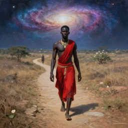 the african male god of streets and paths who transits between the earth and the sky and wears red and black with the galaxy! in the background | deep focus, high angle, highly detailed, realistic painting by fernan comon, part by rolf armstrong